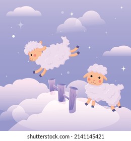 
Sheep jumping on the clouds at night (insomnia, counting sheep). Vector banner