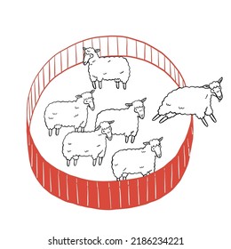 The sheep jumping out of stall, Hand drawn vector illustration