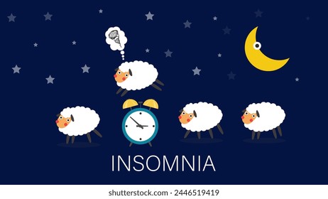 Sheep jumping over clock on night background. Insomnia, sleep disorder, sleeplessness, dream, trying to sleep, counting the sheep concept.