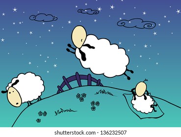 Sheep are jumping over the fence