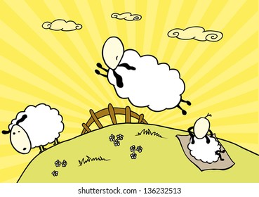 Sheep are jumping over the fence