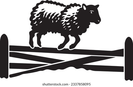 Sheep jumping over a fence, Basic simple Minimalist vector graphic, isolated on white background, black and white