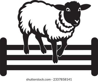 Sheep jumping over a fence, Basic simple Minimalist vector graphic, isolated on white background, black and white