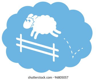 Sheep jumping over a fence in a cloud sleep bubble.