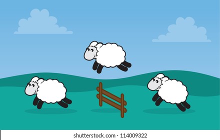 Sheep jumping over a fence in a grassy field