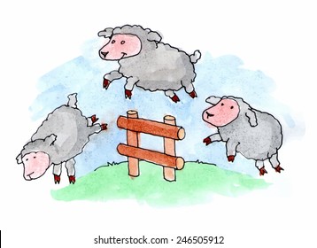 Sheep jumping over a fence in a grassy field. Vector illustration.