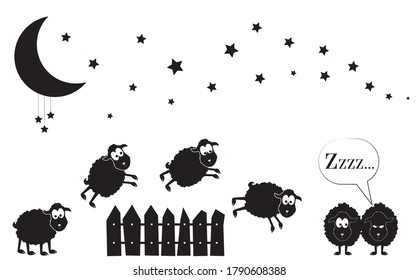 Sheep jumping over a fence with stars and moon illustration, vector. Cartoon character design. Childish wall decals. Counting sheep concept. Wall art, artwork, kids poster design, black and white art