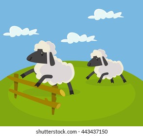 Sheep jumping over fence. Vector flat cartoon illustration