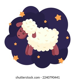 Sheep in jumping pose on night background with stars. Count sheeps jumping over the fence before bed. Funny lambs. Dream, relax, counting, insomnia, baby sleep, sleeplessness. Flat vector