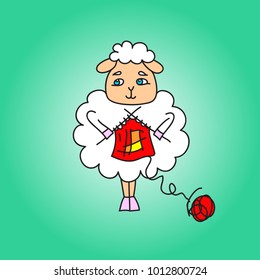 The sheep knit a red scarf. Vector drawing. Illustration