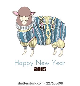 Sheep in knitted sweater, color hand drawn illustration