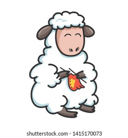 Sheep knitting cartoon illustration, hand drawn