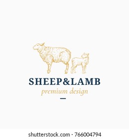 Sheep and Lamb Abstract Vector Sign, Symbol or Logo Template. Hand Drawn Sheep and Little Lamb Sillhouettes with Classy Retro Typography. Vintage Vector Emblem. Isolated.