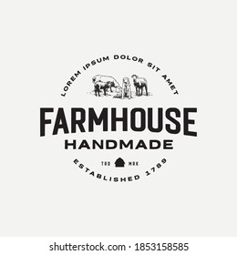 Sheep and lamb eating grass with shepherd dog logo vintage retro logo template