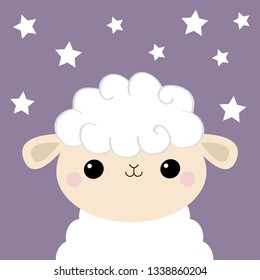 Sheep lamb face head icon. Cloud shape. Cute cartoon kawaii funny smiling baby character. Nursery decoration. Sweet dreams. Flat design. Violet background with stars on the sky. Vector illustration