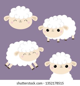 Sheep lamb face head icon set. Cloud shape. Jumping animal. Cute cartoon kawaii funny smiling baby character. Nursery decoration. Sweet dreams. Flat design. Violet background. Vector illustration