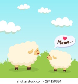 Sheep and Lamb Gather Together in Field