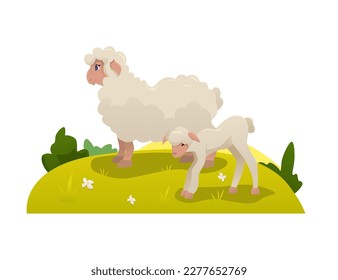 Sheep with a Lamb Grazing in the Meadow. Cute Farm Animal. Vector Illustration in Cartoon Style.