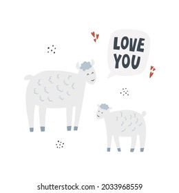 Sheep with lamb. Hand drawn vector illustration with lettering. Mother animal with her baby says love you.