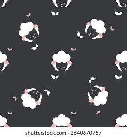 Sheep or lamb heads seamless pattern. Repeated texture with cartoon animal character face. Childish print with sheep for kids fabric and wrapping paper. Scandinavian style. flat vector illustration