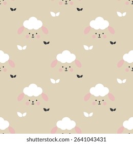 Sheep or lamb heads seamless pattern. Repeated texture with cartoon animal character face. Childish print with sheep for kids fabric and wrapping paper. Scandinavian style. flat vector illustration