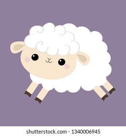 Sheep lamb icon. Cloud shape. Jumping animal. Cute cartoon kawaii funny smiling baby character. Nursery decoration. Sweet dreams. Flat design. Violet background. Isolated. Vector illustration