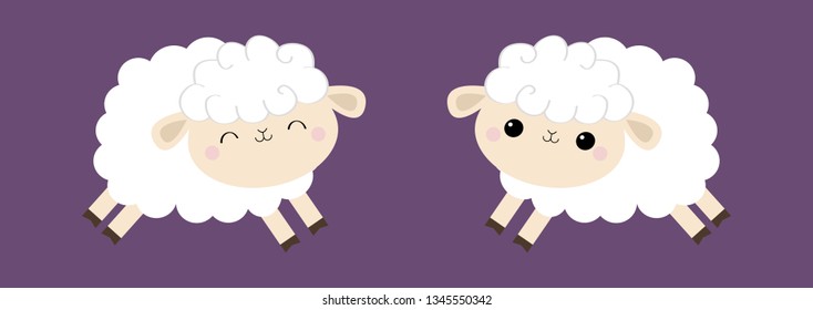 Sheep lamb icon set. Cloud shape. Jumping animal. Cute cartoon kawaii funny smiling baby character. Nursery decoration. Sweet dreams. kids print. Flat design. Violet background. Isolated. Vector