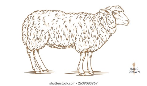 Sheep, lamb, mutton. Vintage retro print, black white sheep drawing, sketch ink pencil draw, engrave old school style. Sketch artwork silhouette sheep. Mutton, sheep, lamb. Vector Illustration