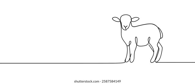 Sheep lamb in one continuous line drawing. Sheep icon. Lamb in the grass line art icon concept. Trendy sheep with grass single line draw design illustration. Vector illustration