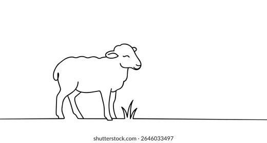 Carneiro de ovelha num desenho em linha contínua. Ícone de ovelha. Lamb no conceito de ícone da arte da linha de grama. Ovelha na moda com grama única linha desenham a ilustração do projeto. Ilustração vetorial