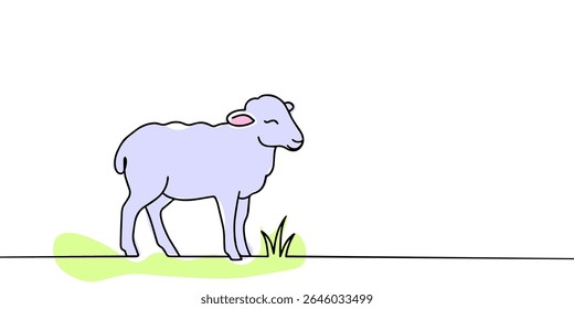 Carneiro de ovelha num desenho em linha contínua. Ícone de ovelha. Lamb no conceito de ícone da arte da linha de grama. Ovelha na moda com grama única linha desenham a ilustração do projeto. Ilustração vetorial