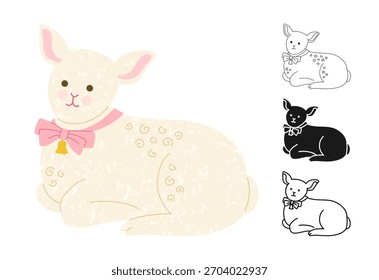 Carneiro ou cordeiro com conjunto de desenhos animados de símbolo de vetor de textura de fita. Bonito carneiro adorável para cartão de Páscoa feliz, cartão postal, convite, cartaz. Cartoon whimsical cordeiro animal Símbolos de Páscoa ícone doodle linear
