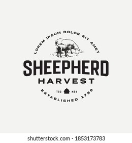 Sheep and lamb shepherd eating grass logo vintage retro logo template
