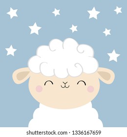 Sheep lamb sleeping face head icon.Cute cartoon kawaii funny smiling baby character. Cloud shape fur. Sweet dreams. Nursery decoration. Flat design. Violet background with stars on the sky. Vector