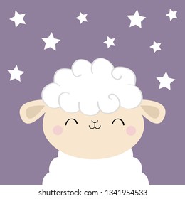 Sheep lamb sleeping face head icon. Cloud shape. Cute cartoon kawaii funny smiling baby character. Nursery decoration. Sweet dreams. Flat design. Violet background with stars on the sky. Vector