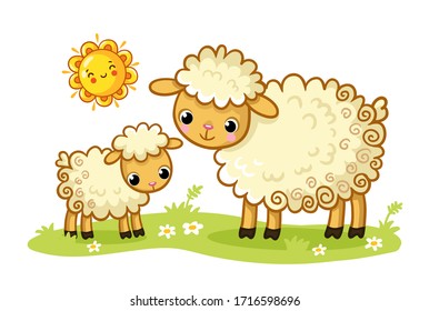 A sheep and a lamb stand in a green sunny meadow. Vector illustration with cute animals in cartoon style.
