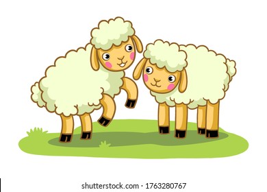 A sheep and a lamb stand in a green sunny meadow. Vector illustration with cute animals in cartoon style