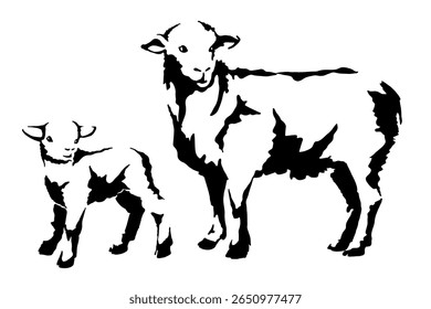 sheep and lamb vector black and white light and shadow illustration