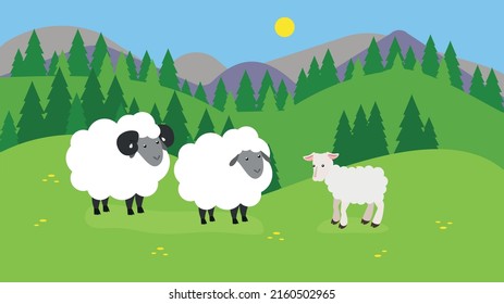 Las ovejas y los corderos pastan en la hierba verde del bosque