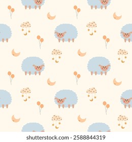 Sheep light blue color cartoon so cute. On moon balloon cloud star background. Pattern seamless vector illustration. 