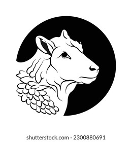 Sheep logo inside a circle, line art logo, with a touch of fur below the neck