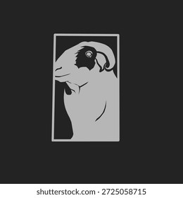 Logo de oveja, silueta de la cabeza de un carnero con un marco sobre un fondo blanco, Vector
