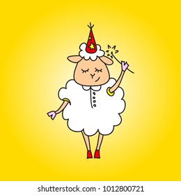 The sheep is a magician with a magic wand. Vector drawing. Illustration