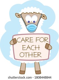 A sheep with a mask, is holding a ‘Care for’ sign. Vector illustration.