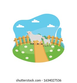 Сute sheep in a meadow with daisies. Farm animal. Сartoon vector illustration can use for banners, poster, flyer, label, card.  