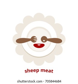 Sheep meat eatery logo. Creative combination of fork, spoon, red steak on a white plate with a pale petal napkin in the shape of a shy cheerful lamb. Also useful like a symbol of Islamic festive food.