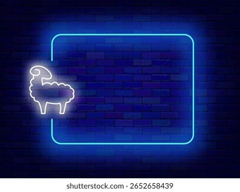Sheep meat neon flyer. Butcher flyer. Empty white frame with lamb. Ramadan animal. Vector stock illustration