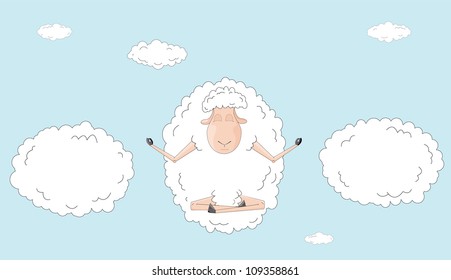 Sheep meditates in sky among the clouds as symbol of uniqueness and harmony