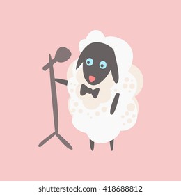 Sheep With Microphone On Stage Creative Funny And Cute Flat Design Vector Illustration In Simplified Mulicolor Style On White Background