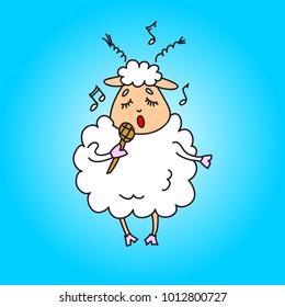 Sheep with a microphone sings a song. Vector drawing. Illustration